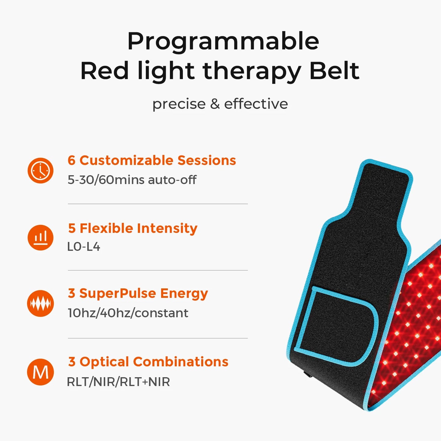 Terapeutický pás s červeným světlem – 100 LED, 660nm & 850nm, nastavitelný pás na záda a pas